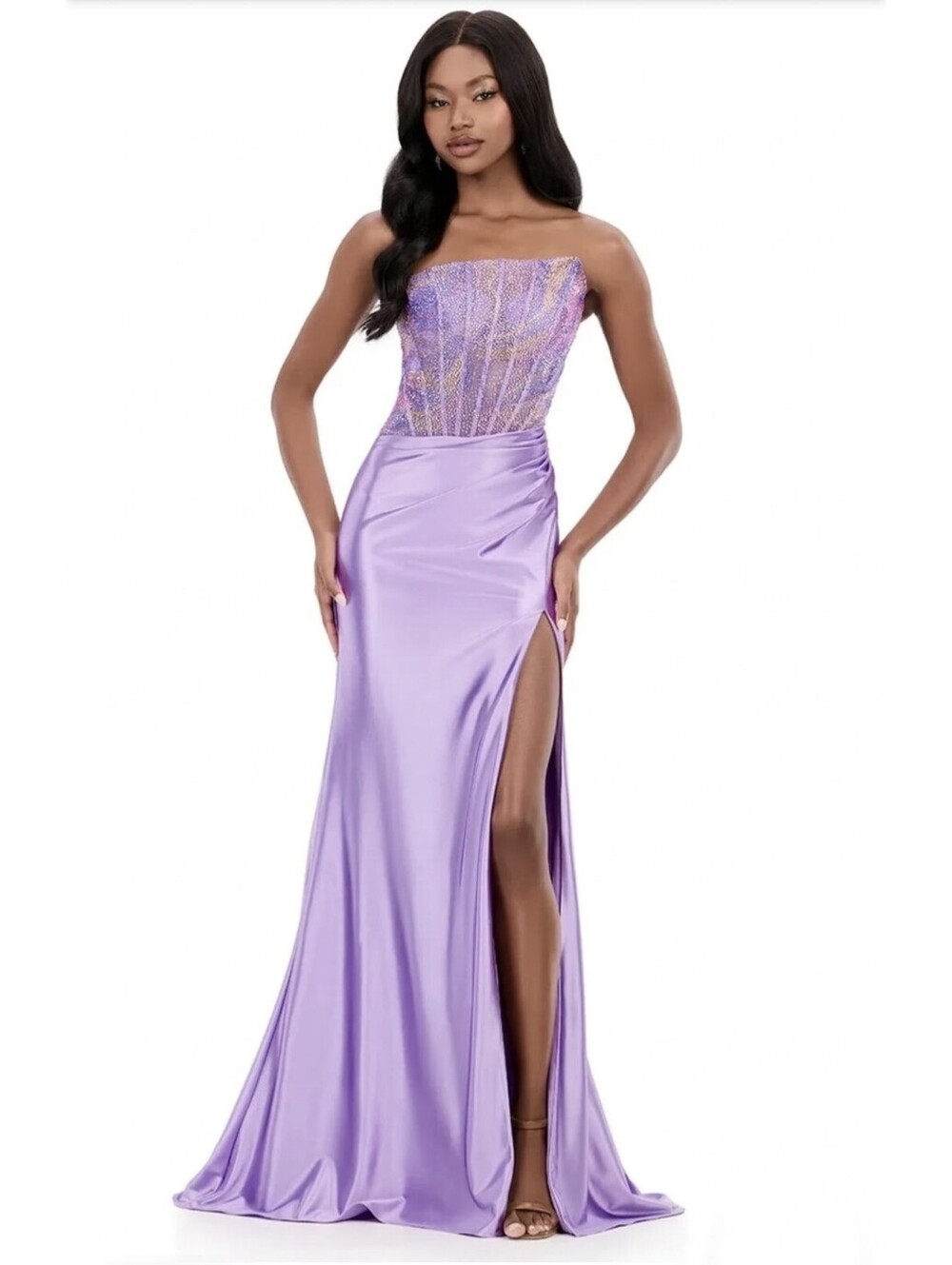 Lilac Strapless Beaded Fitted Drop Waist Dress Size 10 Prom Gown with High Slit
